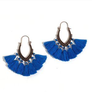 Boho blue tassel dangle statement fringe earrings